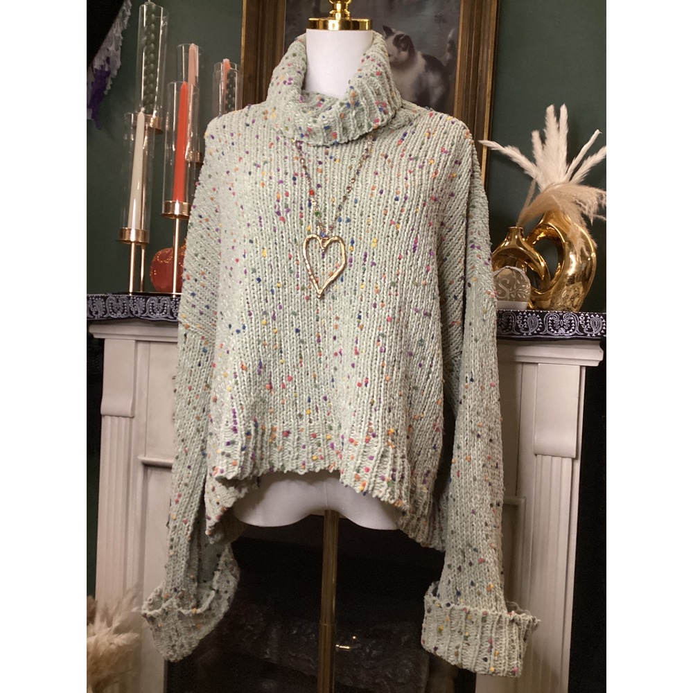 Pol Sage Green Confetti Pom Pom Chenille Turtleneck Sweater L Oversized